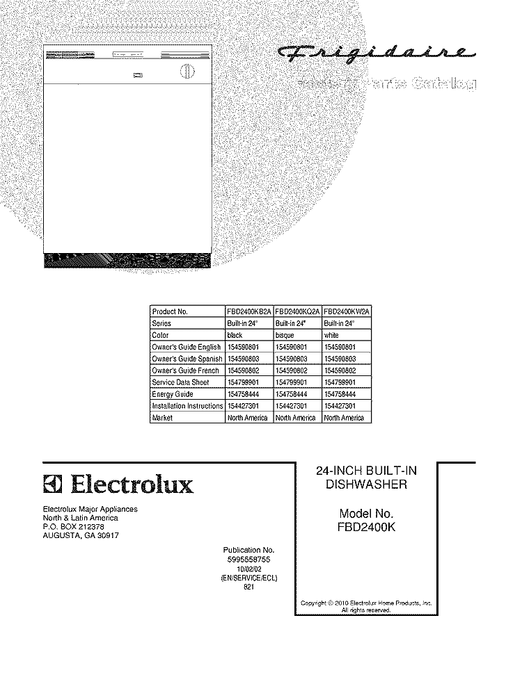 COVER Diagram and Parts List for FBD2400KQ2A  Frigidaire Dishwasher