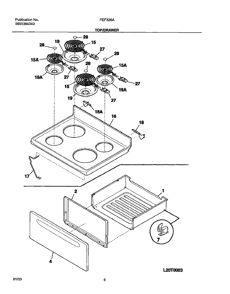 TOP / DRAWER Diagram and Parts List for FEF326AQE  Frigidaire Range