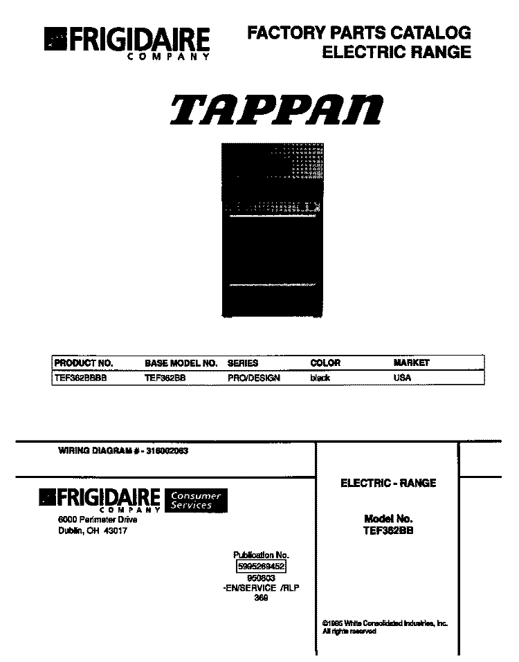 COVER Diagram and Parts List for TEF362BBBB  Tappan Range