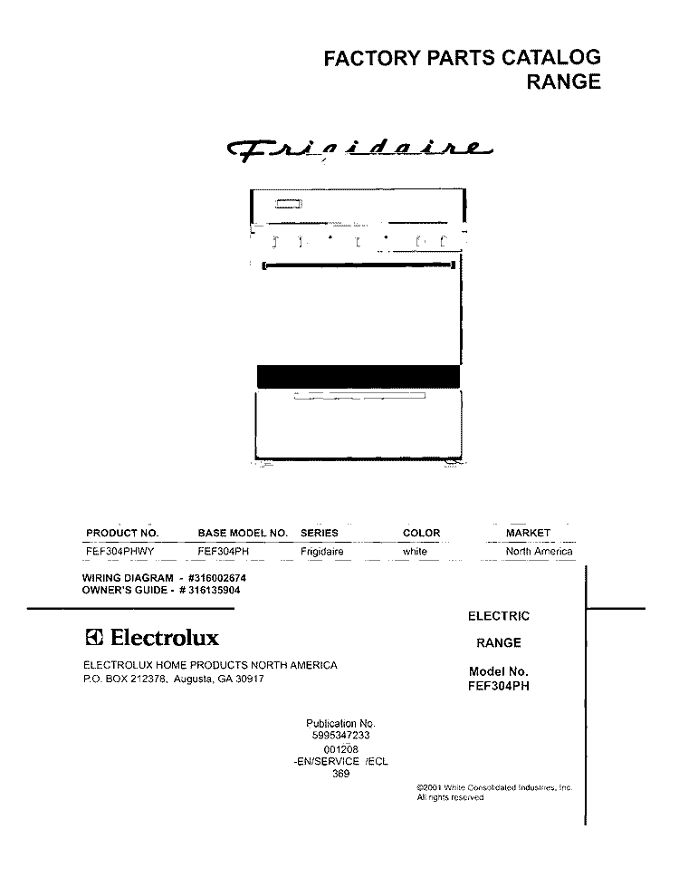 COVER Diagram and Parts List for FEF304PHWY  Frigidaire Range