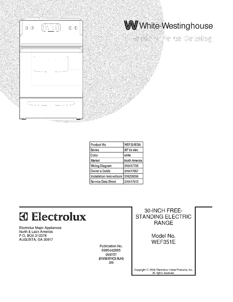 COVER Diagram and Parts List for WEF351ESA  Westinghouse Range