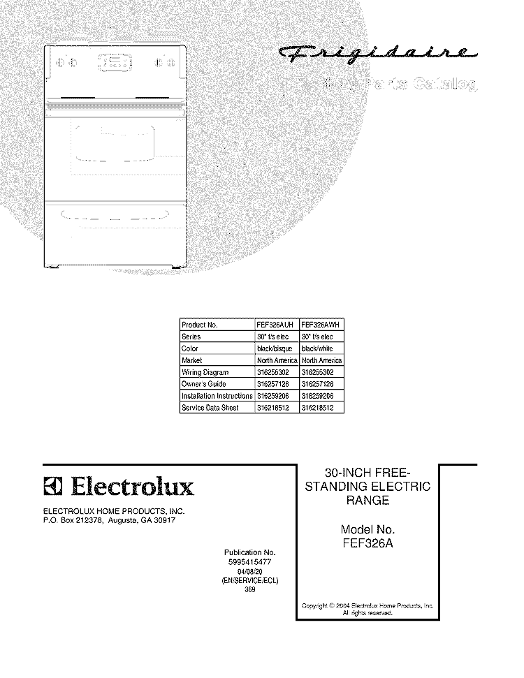 COVER Diagram and Parts List for FEF326AUH  Frigidaire Range