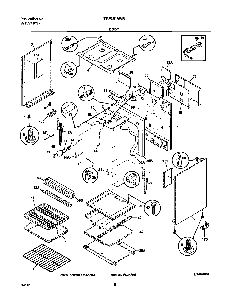BODY Diagram and Parts List for TGF351AWB  Tappan Range