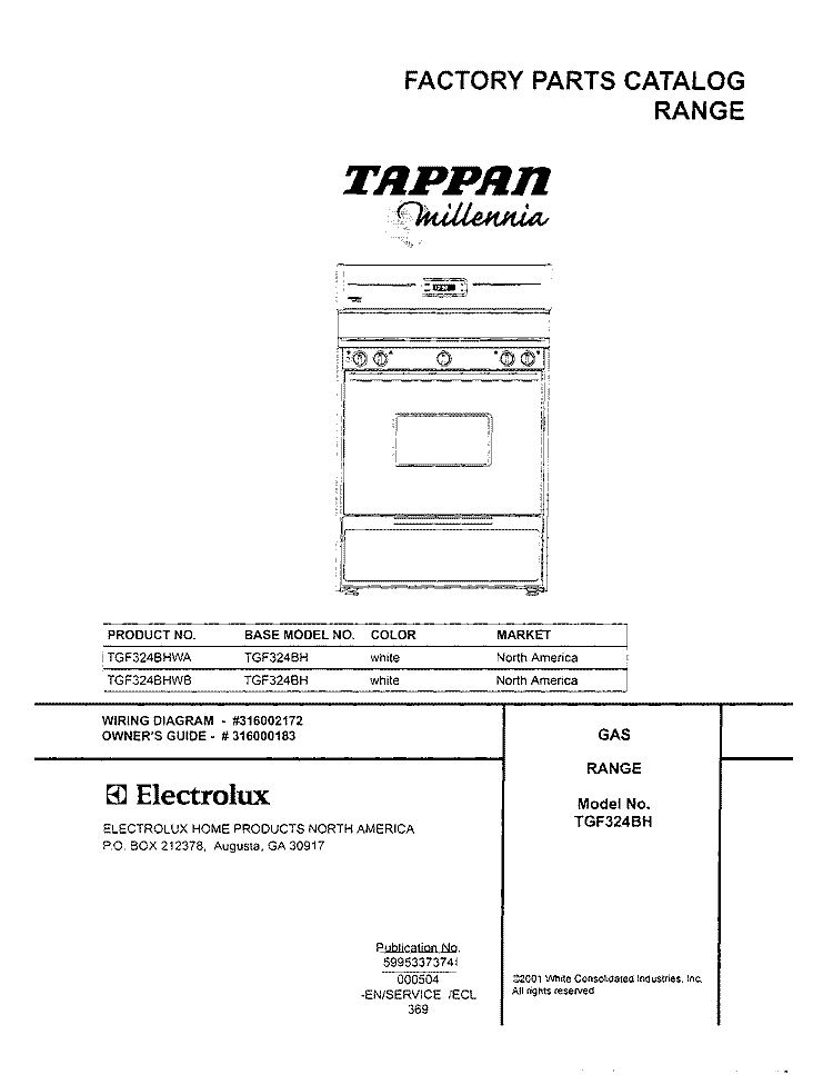 COVER Diagram and Parts List for TGF324BHWA  Tappan Range