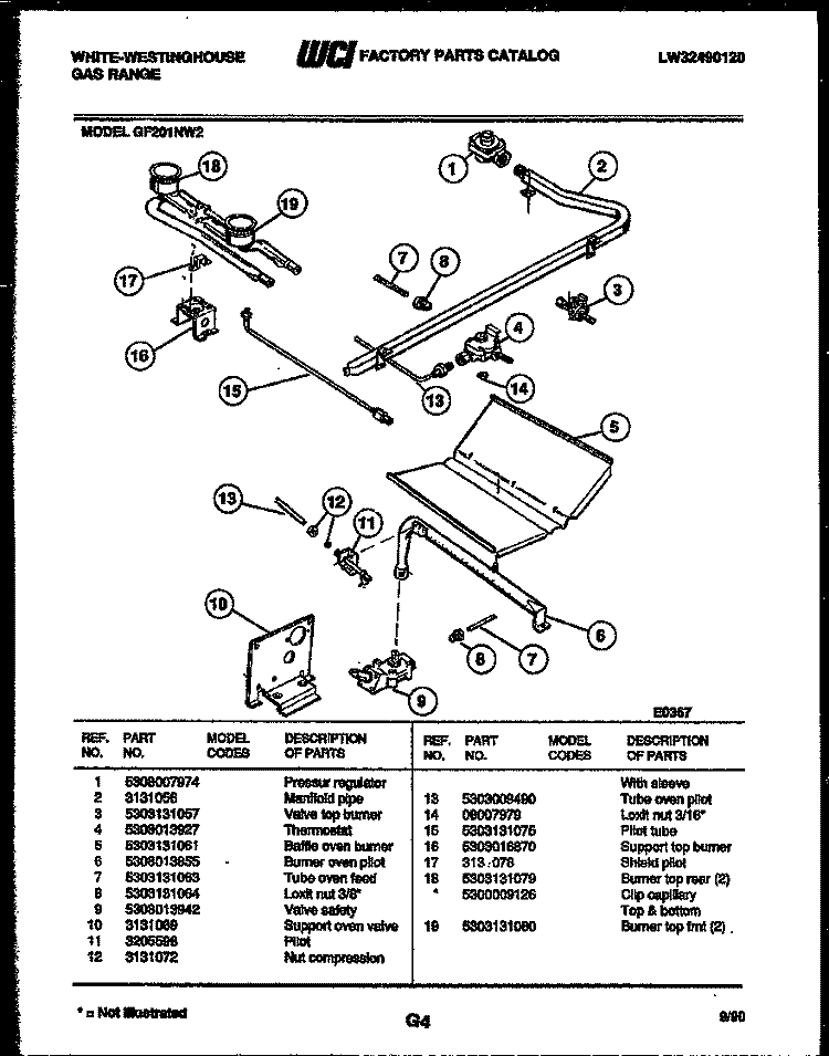 BURNER, MANIFOLD AND GAS CONTROL Diagram and Parts List for GF201ND2  Frigidaire Range
