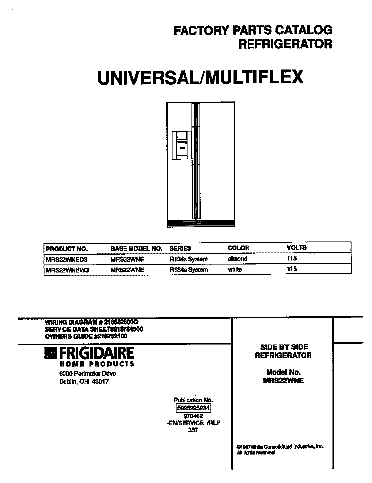 COVER Diagram and Parts List for MRS22WNED3  Frigidaire Refrigerator