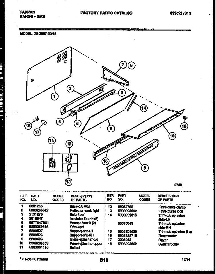 SPLASHER CONTROL Diagram and Parts List for 72-3657-00-13  Tappan Range