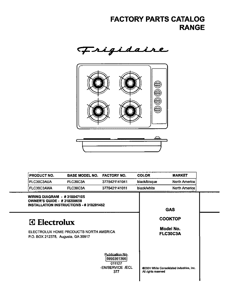 COVER Diagram and Parts List for FLC30C3AWA  Frigidaire Cooktop