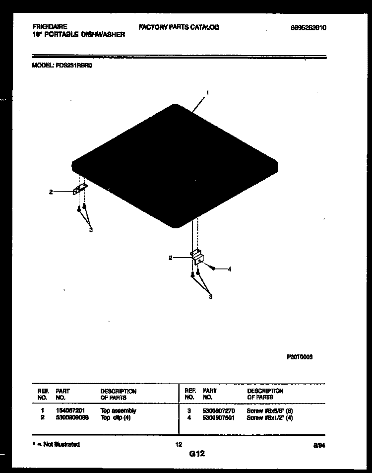 TOP PARTS Diagram and Parts List for FDS231RBR0  Frigidaire Dishwasher