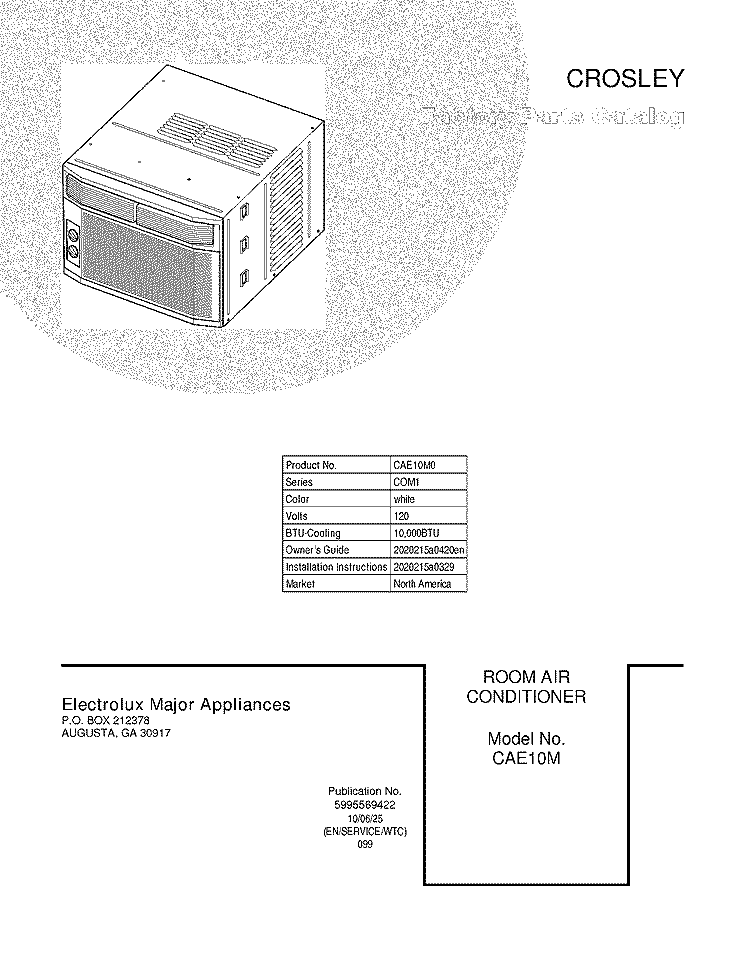 COVER Diagram and Parts List for CAE10M0  Crosley Air Conditioner