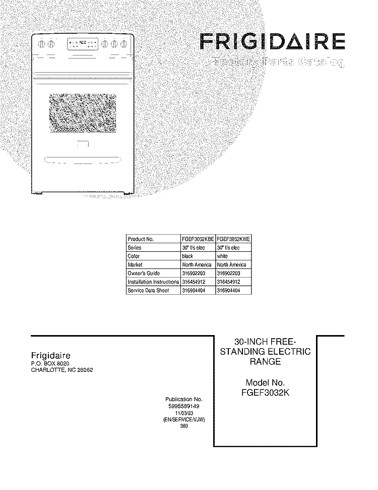 COVER Diagram and Parts List for FGEF3032KWE  Frigidaire Range