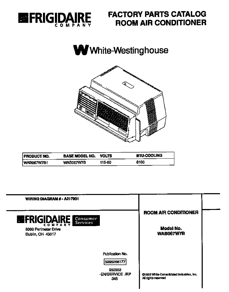 COVER Diagram and Parts List for WAB067W7B1  Frigidaire Air Conditioner