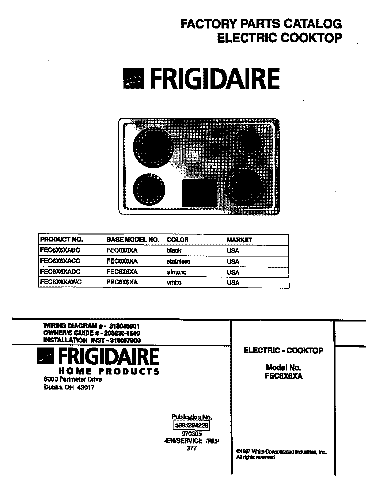 COVER Diagram and Parts List for FEC6X6XABC  Frigidaire Cooktop