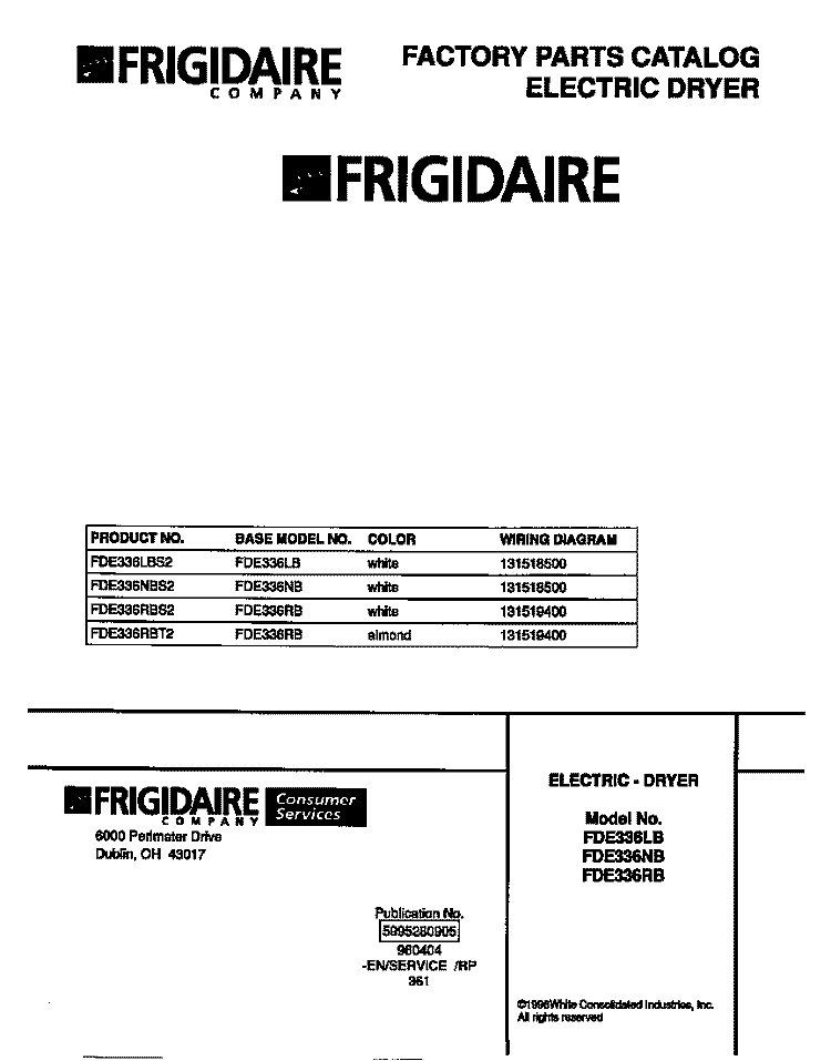 COVER Diagram and Parts List for FDE336NBS2  Frigidaire Dryer