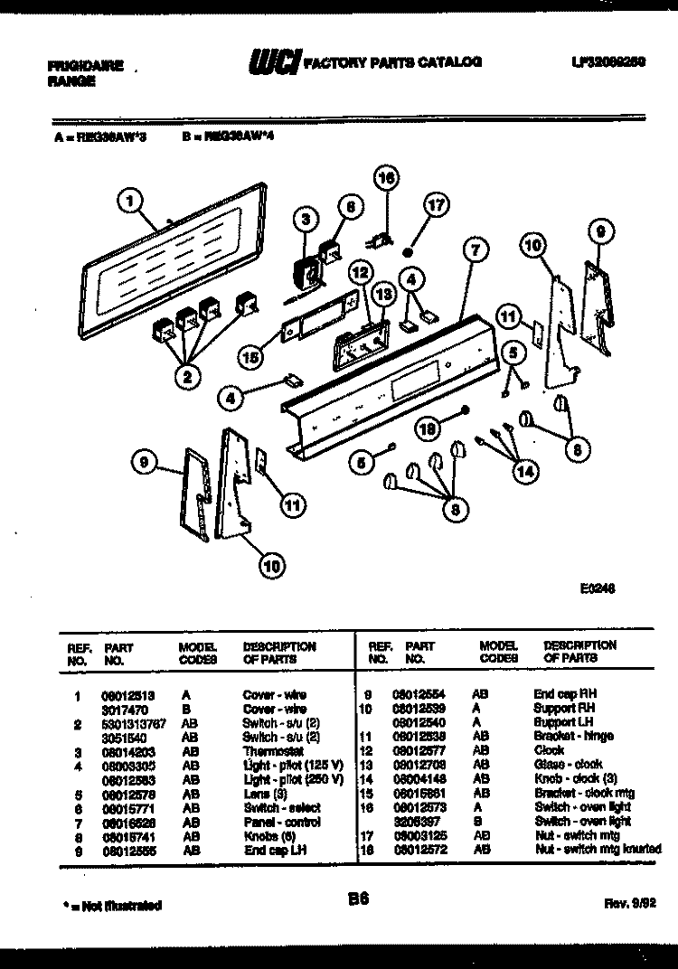 CONTROL PANEL Diagram and Parts List for REG36AW3  Frigidaire Range
