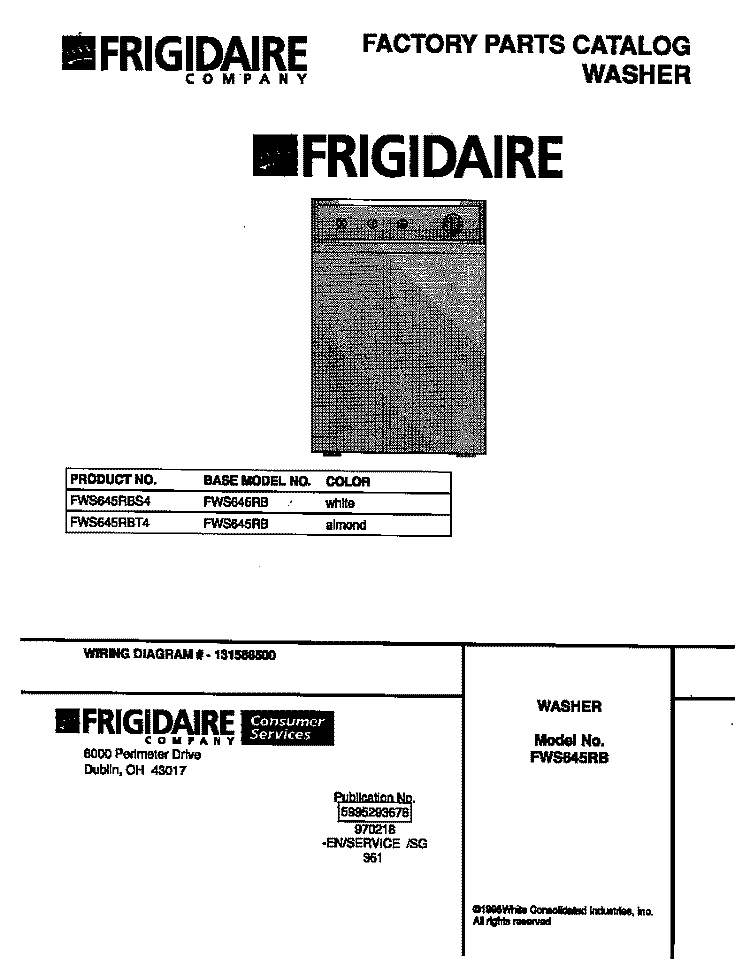 COVER Diagram and Parts List for FWS645RBT4  Frigidaire Washer