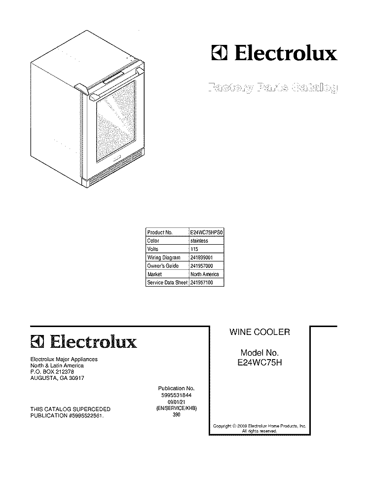 COVER Diagram and Parts List for E24WC75HPS0  Electrolux Wine and Beverage Cooler