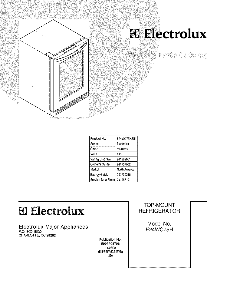 COVER Diagram and Parts List for E24WC75HSS1  Electrolux Wine and Beverage Cooler