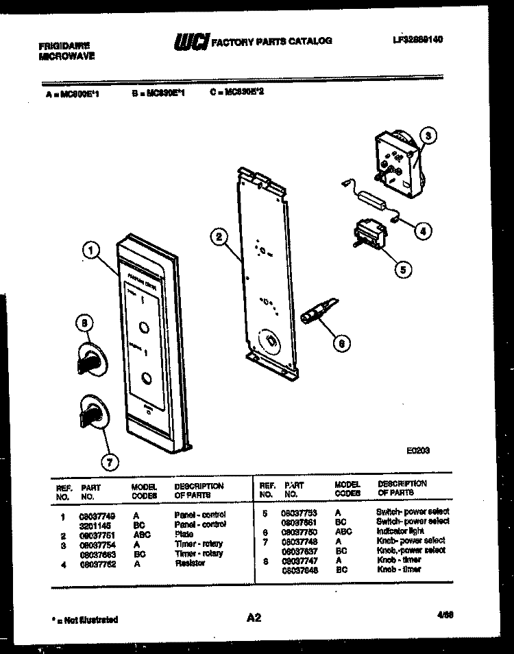CONTROL PANEL Diagram and Parts List for MC830E1  Frigidaire Microwave