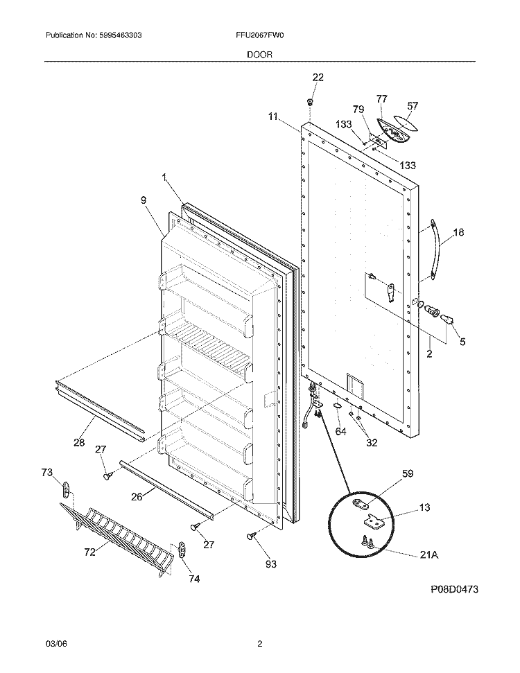 DOOR Diagram and Parts List for FFU2067FW0  Frigidaire Freezer