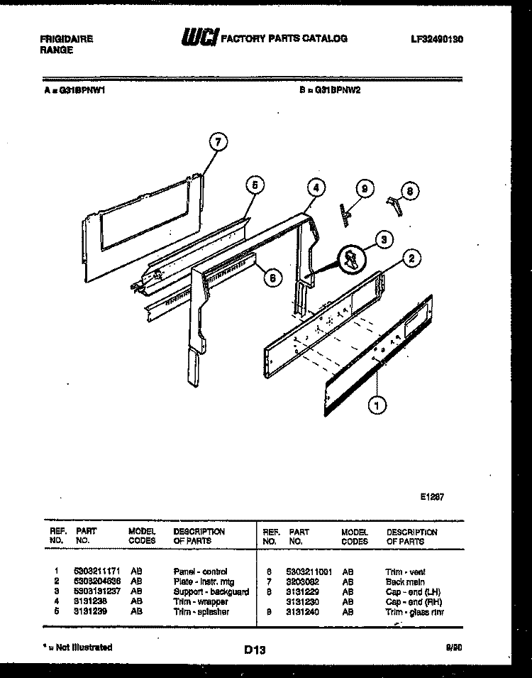 BACKGUARD Diagram and Parts List for G31BPNL2  Frigidaire Range