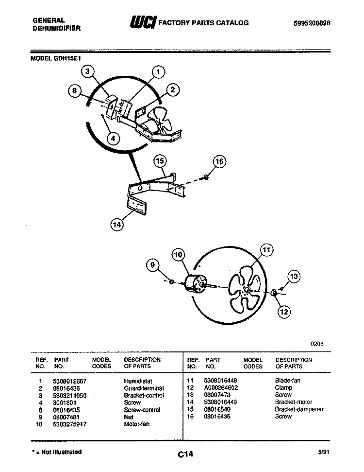 FAN Diagram and Parts List for GDH15E1  Frigidaire Dehumidifier
