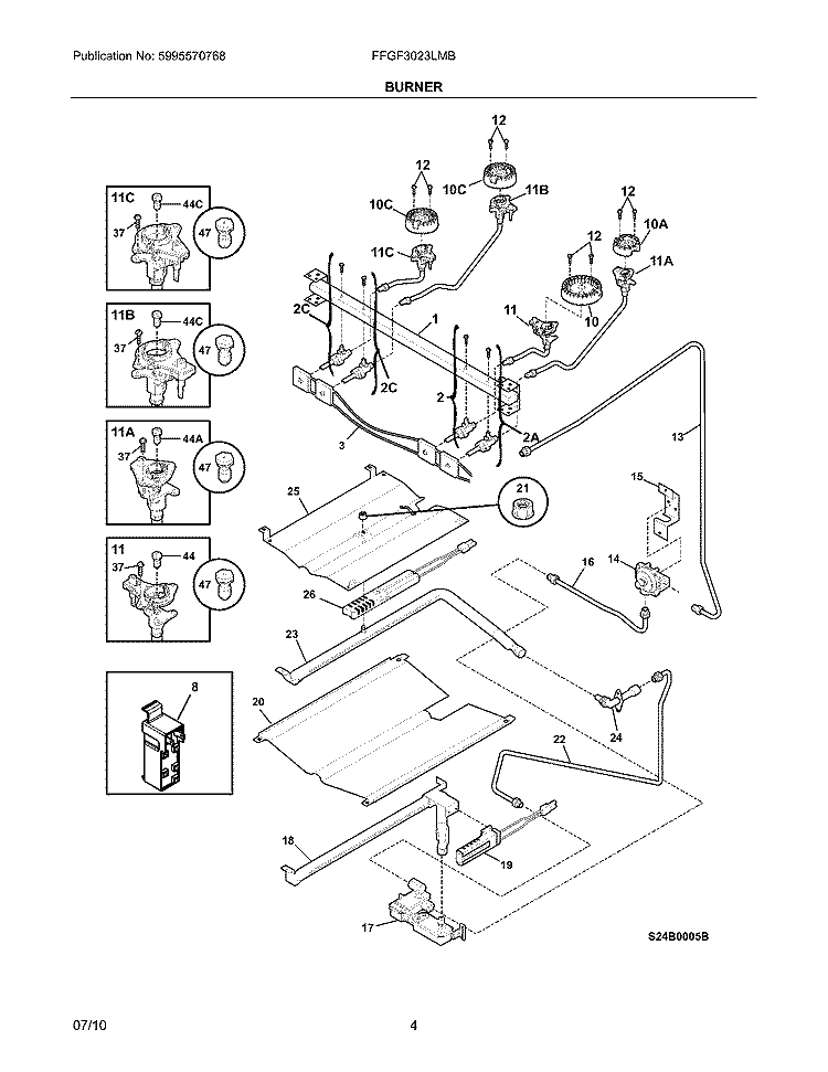 BURNER Diagram and Parts List for FFGF3023LMB  Frigidaire Range