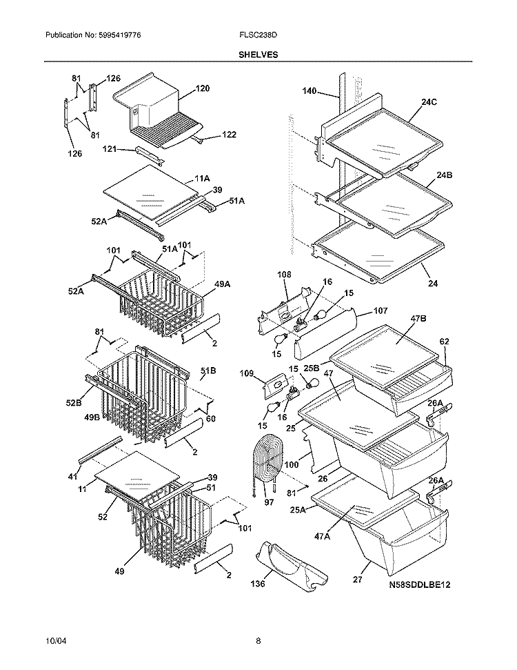 SHELVES Diagram and Parts List for FLSC238DS2  Frigidaire Refrigerator