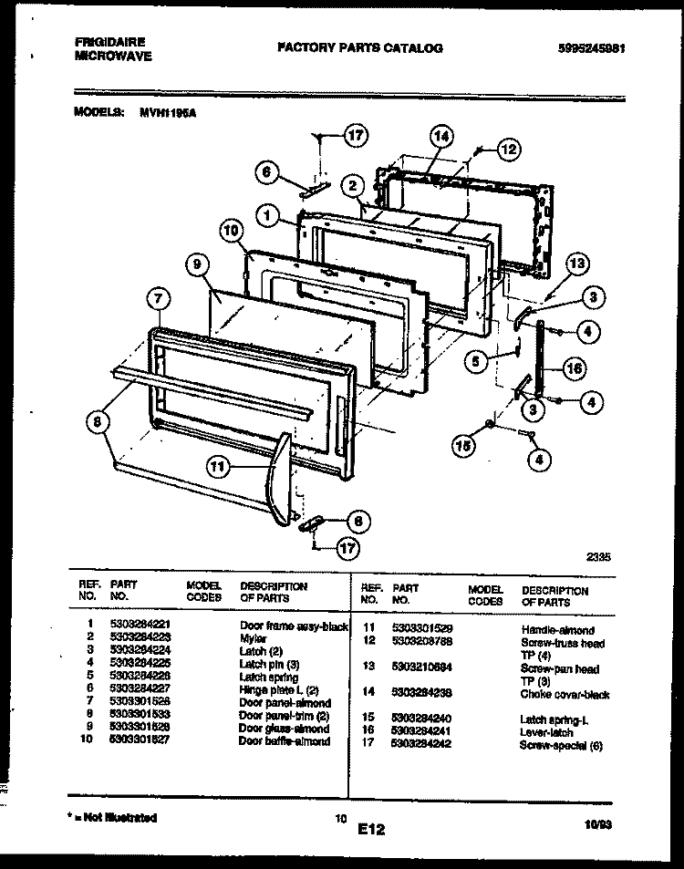 DOOR PARTS Diagram and Parts List for MVH1195A  Frigidaire Microwave