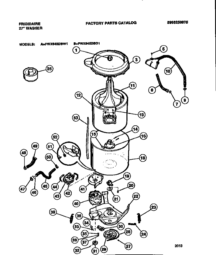 TUBS, HOSES, MOTOR Diagram and Parts List for FWX645DBD1  Frigidaire Washer