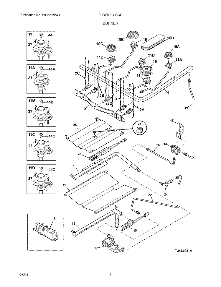 BURNER Diagram and Parts List for PLGFMZ98GCG  Frigidaire Range