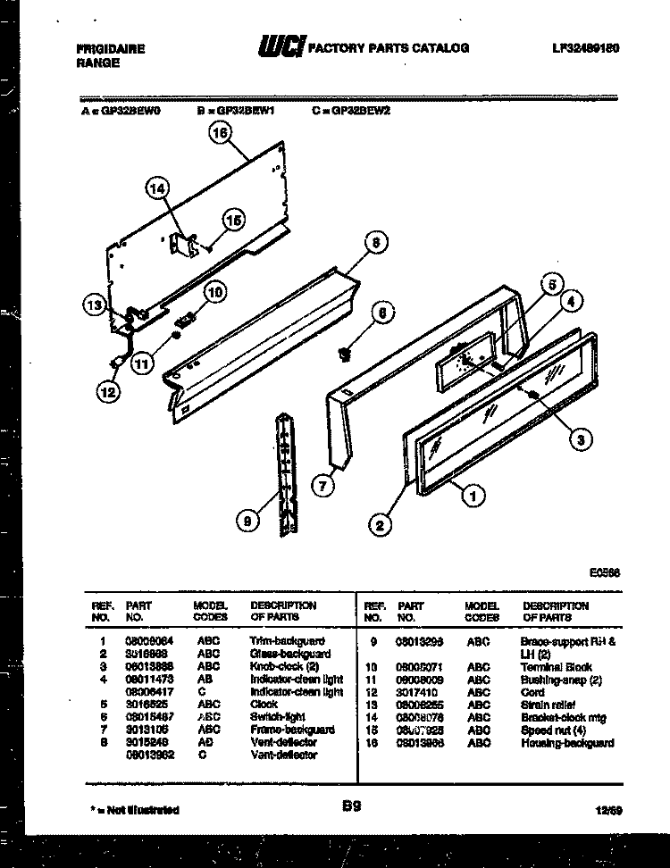 BACKGUARD Diagram and Parts List for GP32BEL1  Frigidaire Range