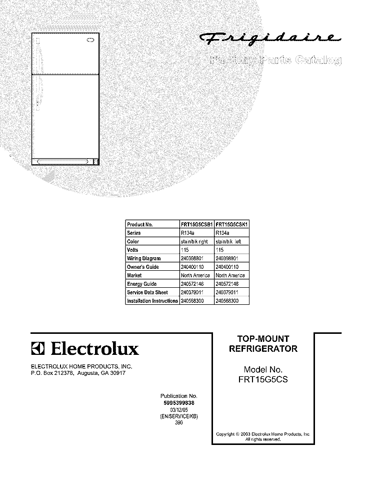 COVER Diagram and Parts List for FRT15G5CSB1  Frigidaire Refrigerator