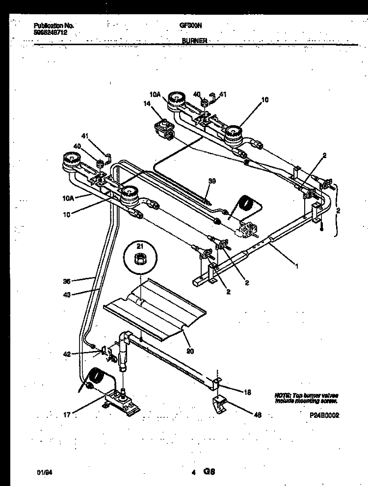BURNER, MANIFOLD AND GAS CONTROL Diagram and Parts List for GF300NW8  Frigidaire Range