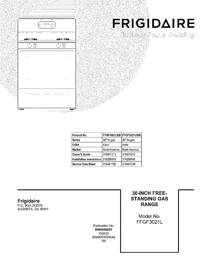 COVER Diagram and Parts List for FFGF3021LBB  Frigidaire Range