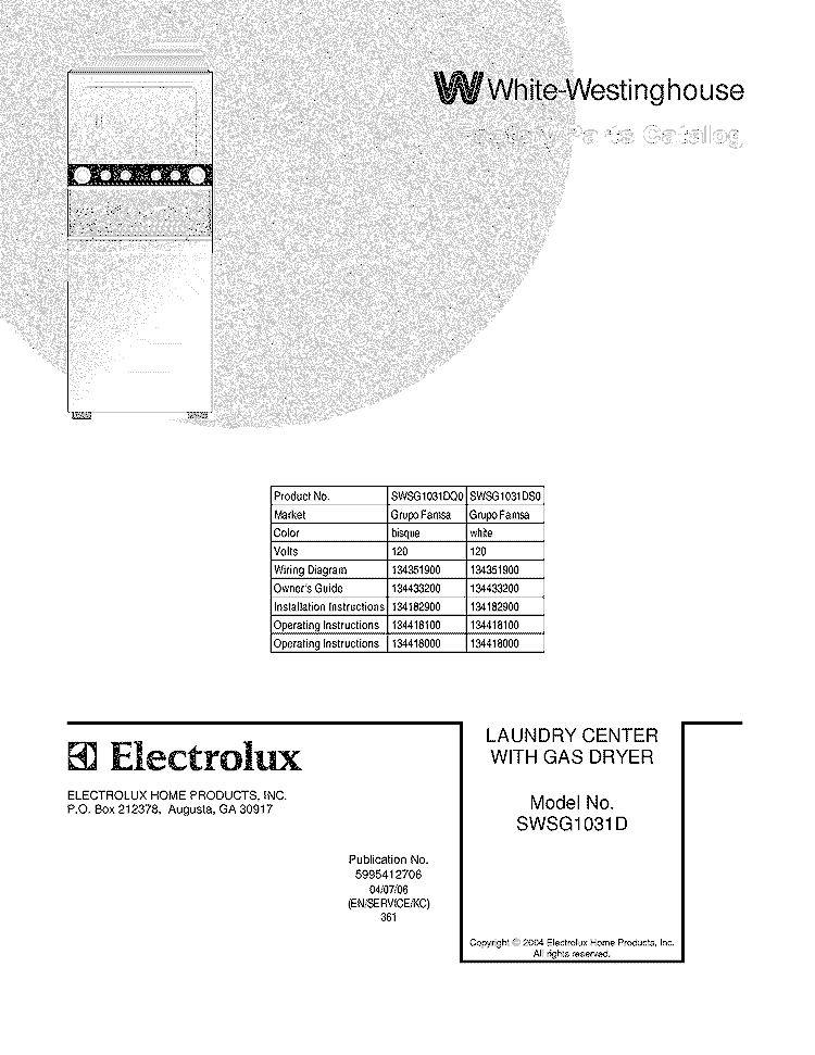 COVER Diagram and Parts List for SWSG1031DQ0  Westinghouse Washer Dryer Combo