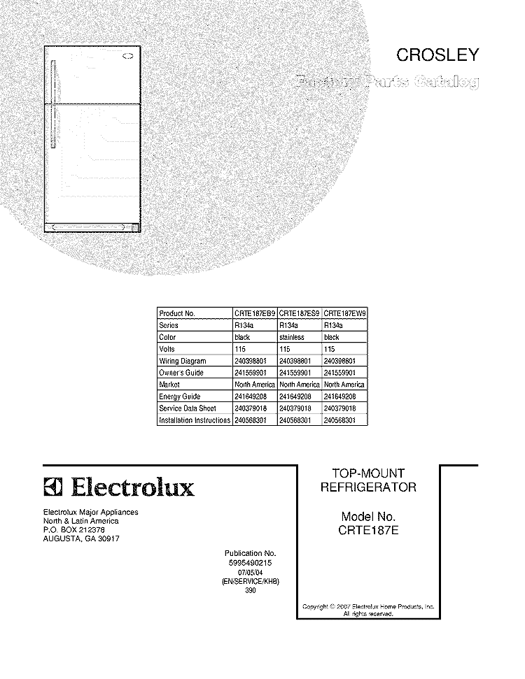 COVER Diagram and Parts List for CRTE187EB9  Crosley Refrigerator