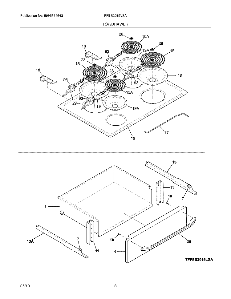 TOP/DRAWER Diagram and Parts List for FFES3015LSA  Frigidaire Range