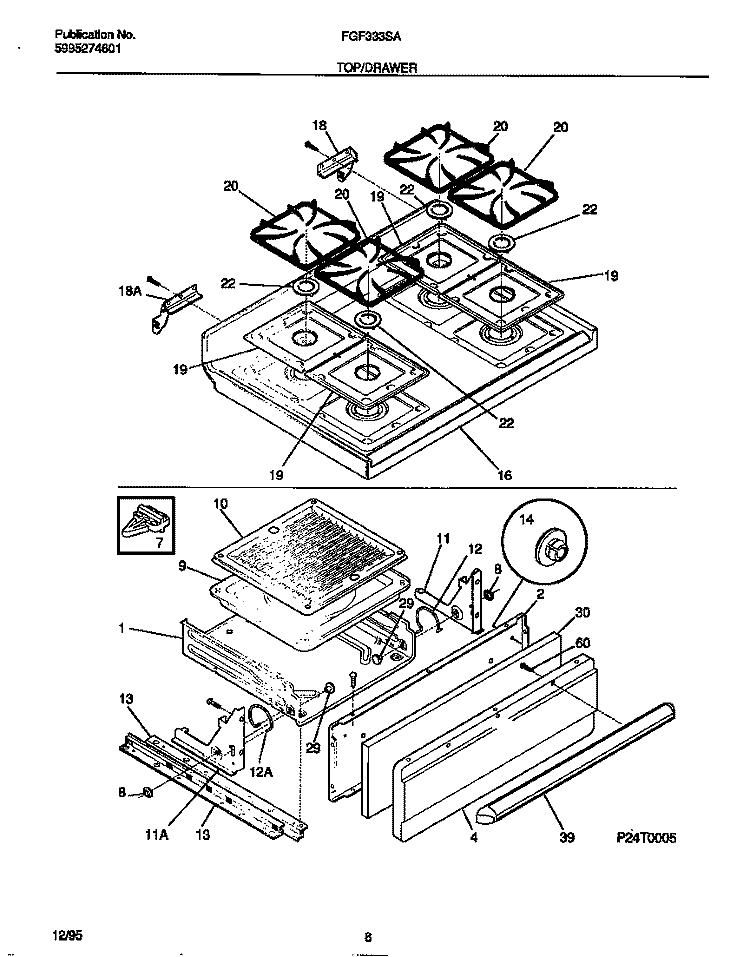 TOP / DRAWER Diagram and Parts List for FGF333SADC  Frigidaire Range