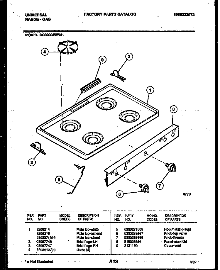 COOKTOP PARTS Diagram and Parts List for CG300SP2WH01  Frigidaire Range