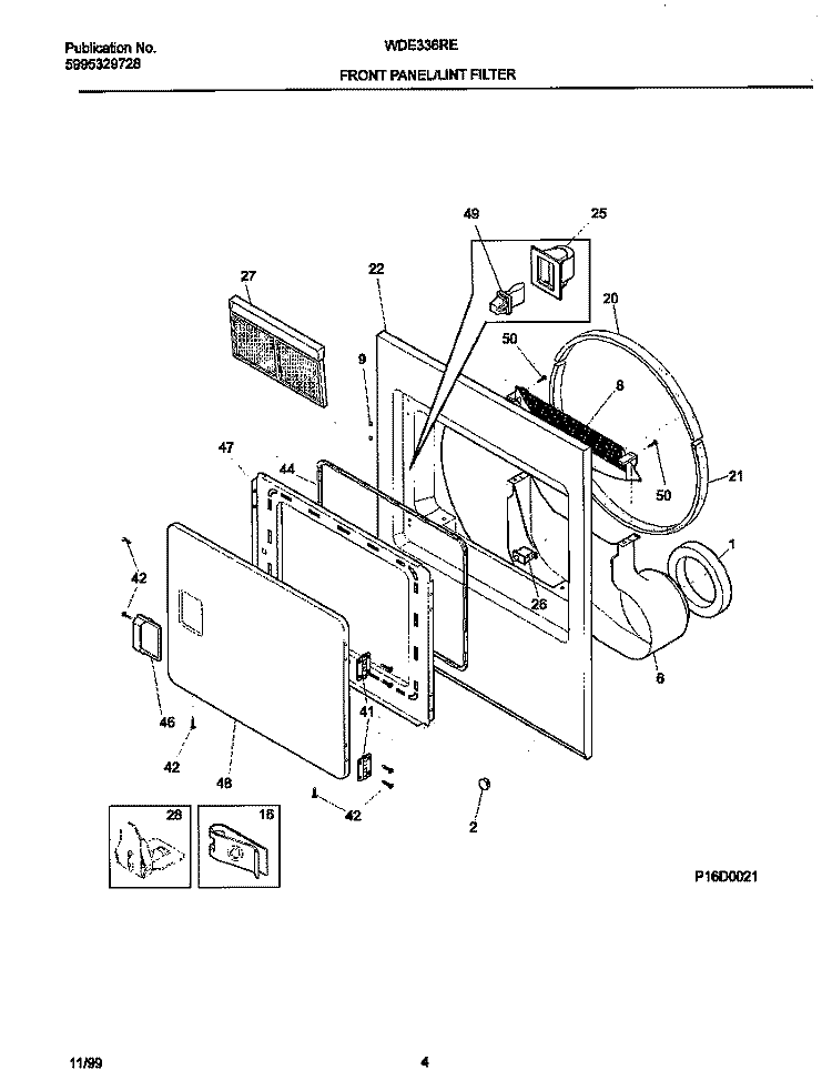 P16D0021 FRNT PNL, DOOR Diagram and Parts List for WDE336RED1  Frigidaire Dryer