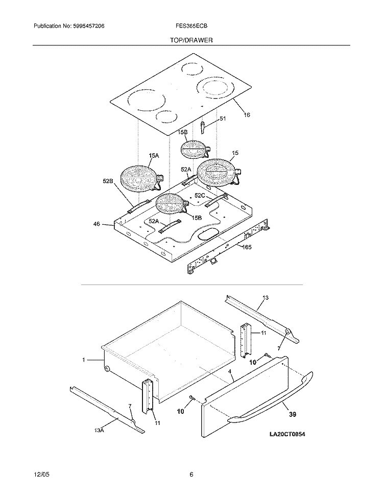 TOP / DRAWER Diagram and Parts List for FES365ECB  Frigidaire Range