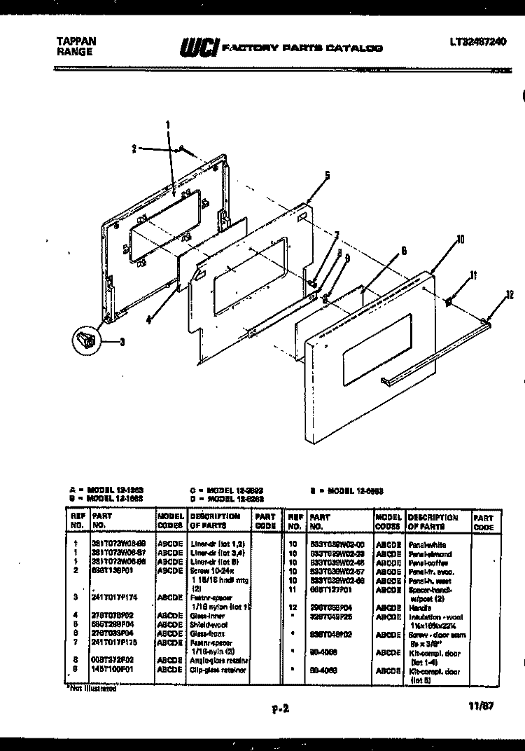 DOOR PARTS Diagram and Parts List for 12-1263-00-01  Tappan Wall Oven
