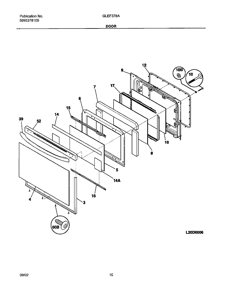 DOOR Diagram and Parts List for GLEF378AQF  Frigidaire Range