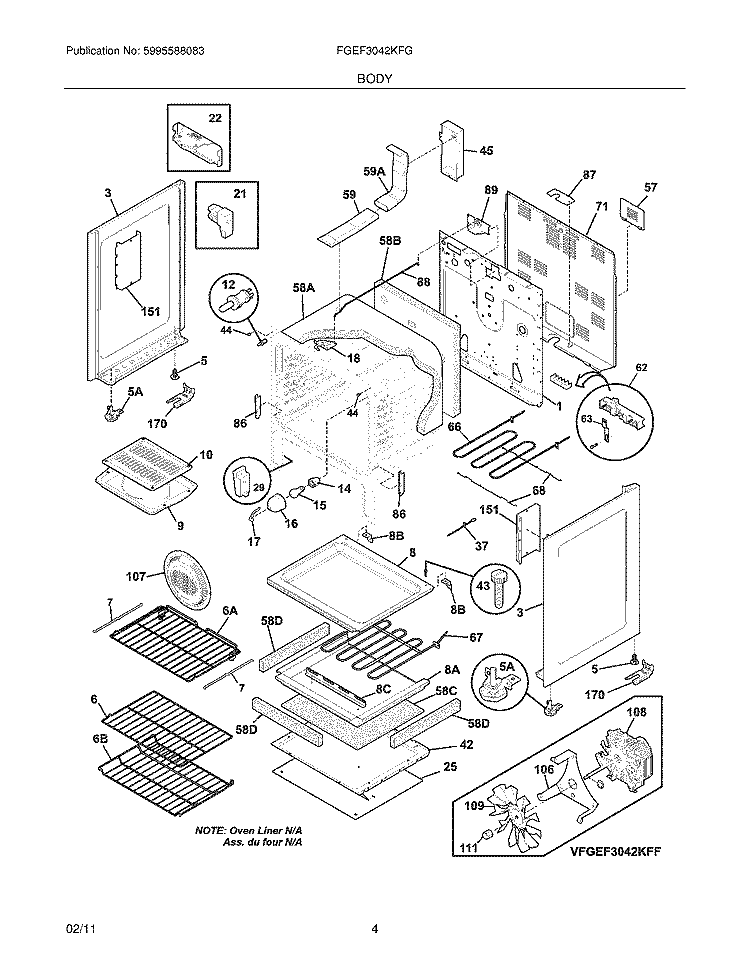 BODY Diagram and Parts List for FGEF3042KFG  Frigidaire Range