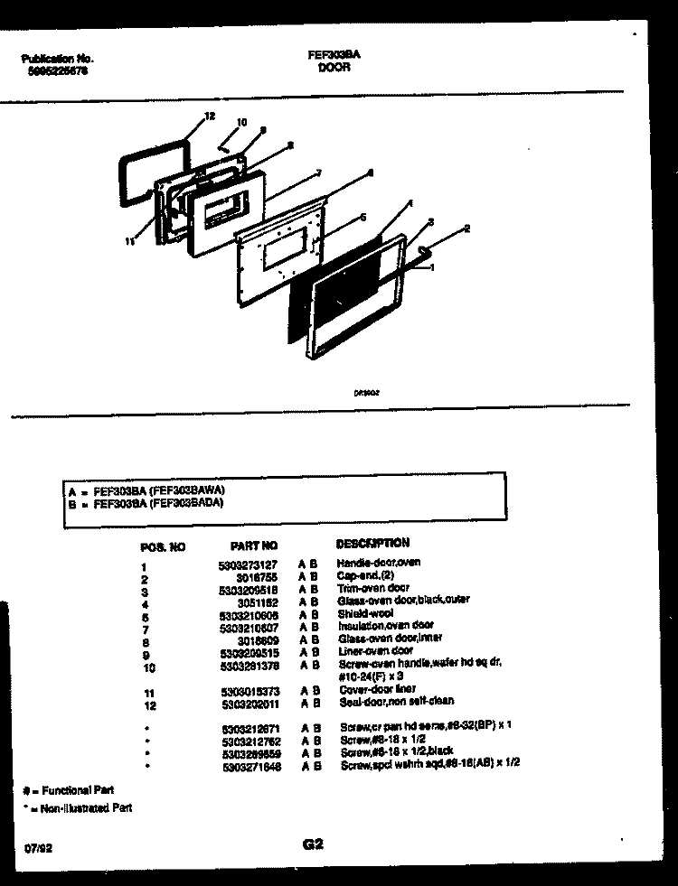 DOOR PARTS Diagram and Parts List for FEF303BADA  Frigidaire Range