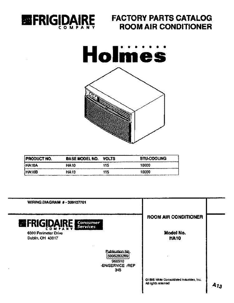 COVER Diagram and Parts List for HA10B  Frigidaire Air Conditioner