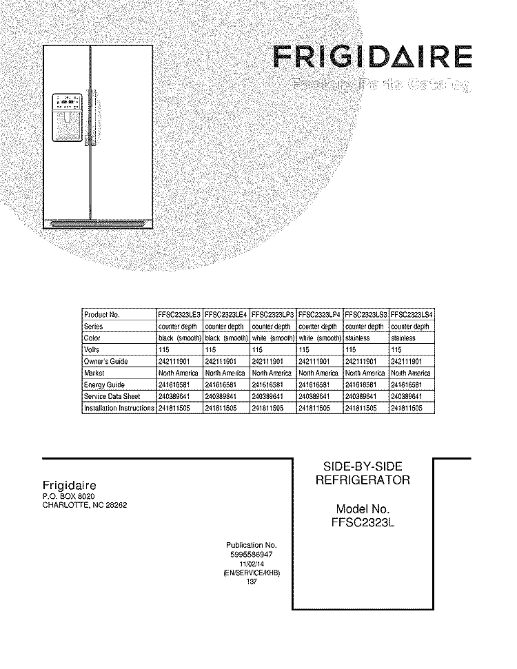 COVER Diagram and Parts List for FFSC2323LE4  Frigidaire Refrigerator