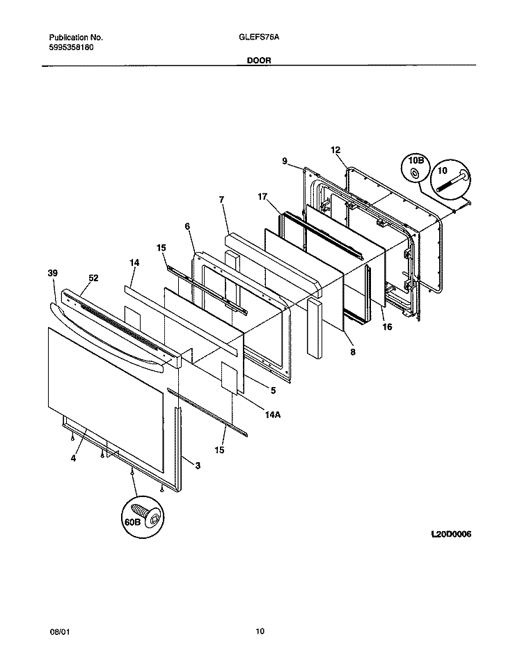 DOOR Diagram and Parts List for GLEFS76AQD  Frigidaire Range