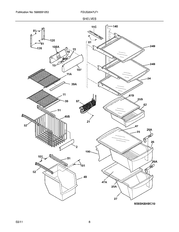 SHELVES Diagram and Parts List for FGUS2647LF1  Frigidaire Refrigerator